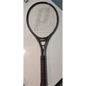 Vintage 1983 Prince Pro Tennis Racquet 4 1/4 Grip Black Gold Aluminum with Cover